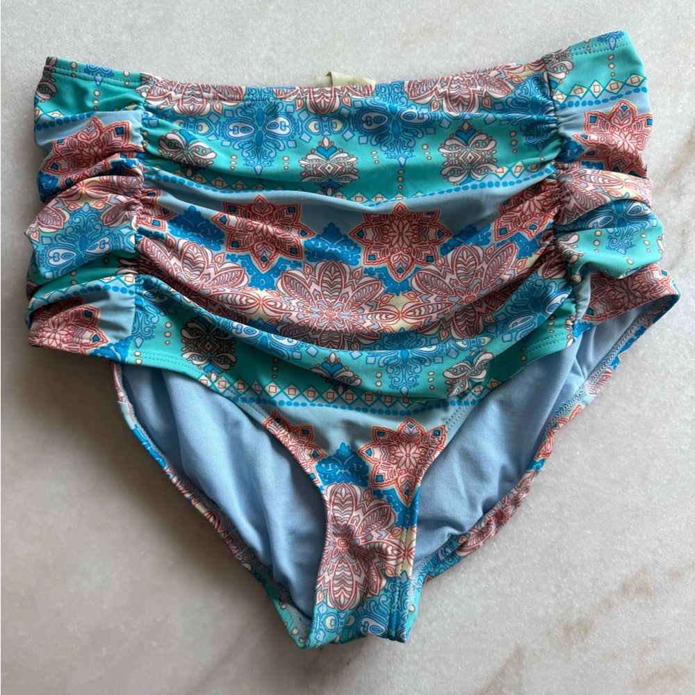 Gianni Bini high rise Teal and Coral Patterned Bikini Bottom